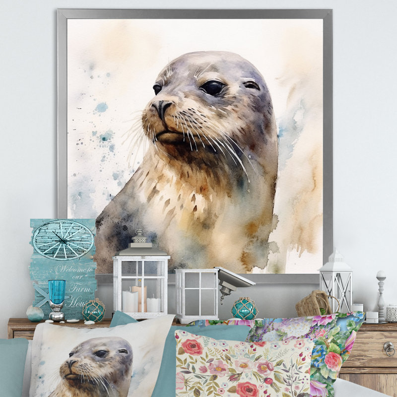 Curieux otarie II sur toile, H 16 po x l 16 po x P 1 po, Cadre simple argenté