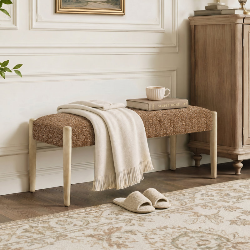 42'' W Modern Upholstered chenille Bench, Orange, Light Brown