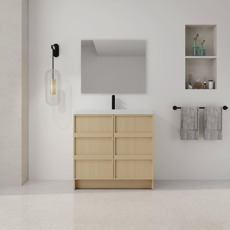 Meuble-lavabo sur pied 36 po avec lavabo en résine et 2 portes d'armoire à fermeture en douceur, contreplaqué, chêne Dune (KD-PACKING)