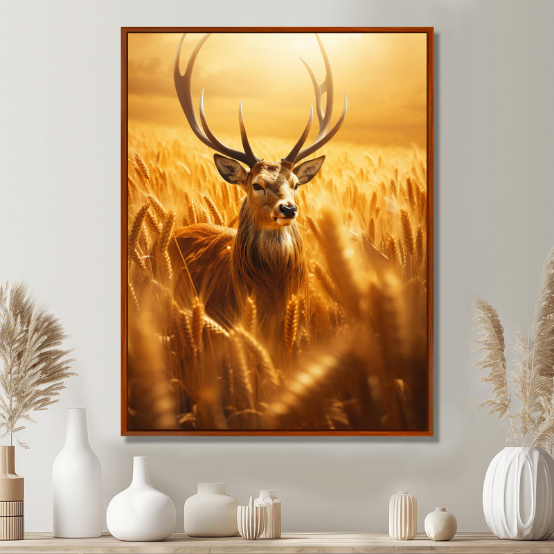 Noble «Dear In Summer Wheatfields», art mural animal cerf, Toile avec cadre brun, H 20 po x l 12 po x P 1 po