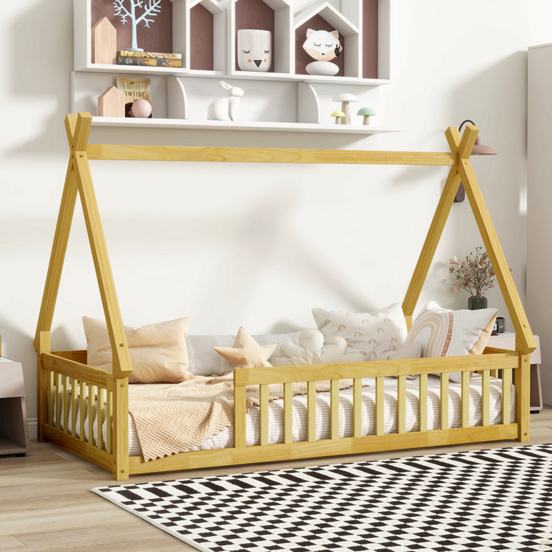 Lit simple en forme de tente, lit tipi avec garde-corps et lattes, Naturel
