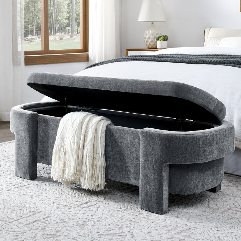 Banc de rangement en chenille de 51,5 po x 20,5 po x 17 po, gris, spacieux et confortable, sans assemblage requis à la maison avec pieds
