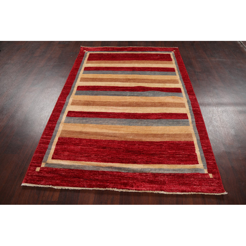 Tapis rouge / beige en laine noué à la main de conception unique 4 pi 4 po x 6 pi 4 po New Age