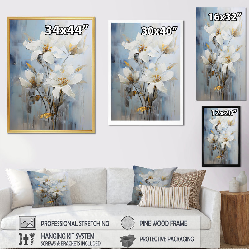 Lys blancs en fleurs, impression sur toile, Cadre naturel flottant, H 44 po x l 34 po