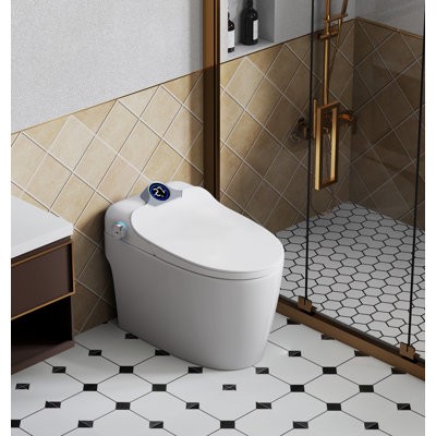 Elongated Smart toilet with ADA Comfort Height and 1.28 GPF Auto-Flush, Toilet Foot Kick/Off-seat/Blackout/Remote Flush, Tankless Auto Flush, Massage Clean, Move ment Warm Wash/Dryer, Digital Display,Gentle Night light, Remote Control.