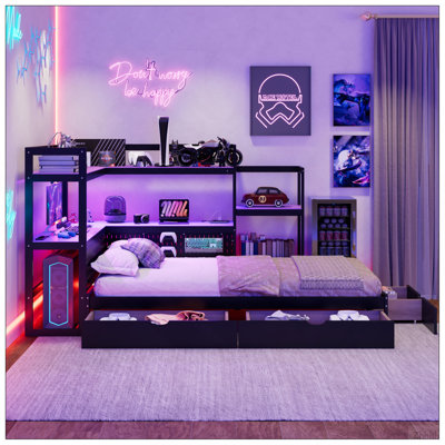Twin Size Gaming Daybed with Integrated Desk and LED Light, Modern Wooden Bed Frame with 3 Storage Drawers and Built-in Charging Station, Multi-Functional Headboard Bookcase, Black+Purple