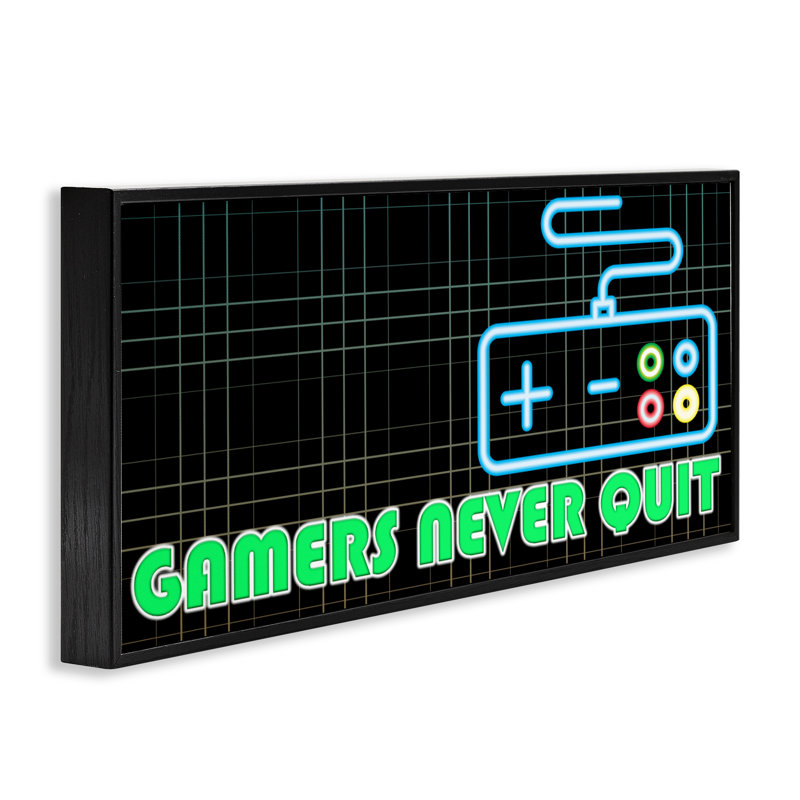Estampe numérique Gamers Never Quit Neon, design par Kim Allen, H 10 po x l 24 po, Giclée encadrée noir minuit