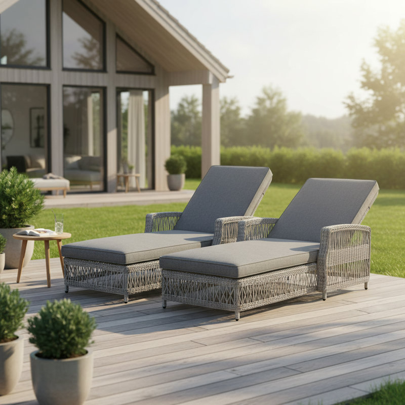 Outdoor Reclining All-Weather Rattan Chaise Lounge Chair Set, Cushion Included(Set Of 2), Gray, 2