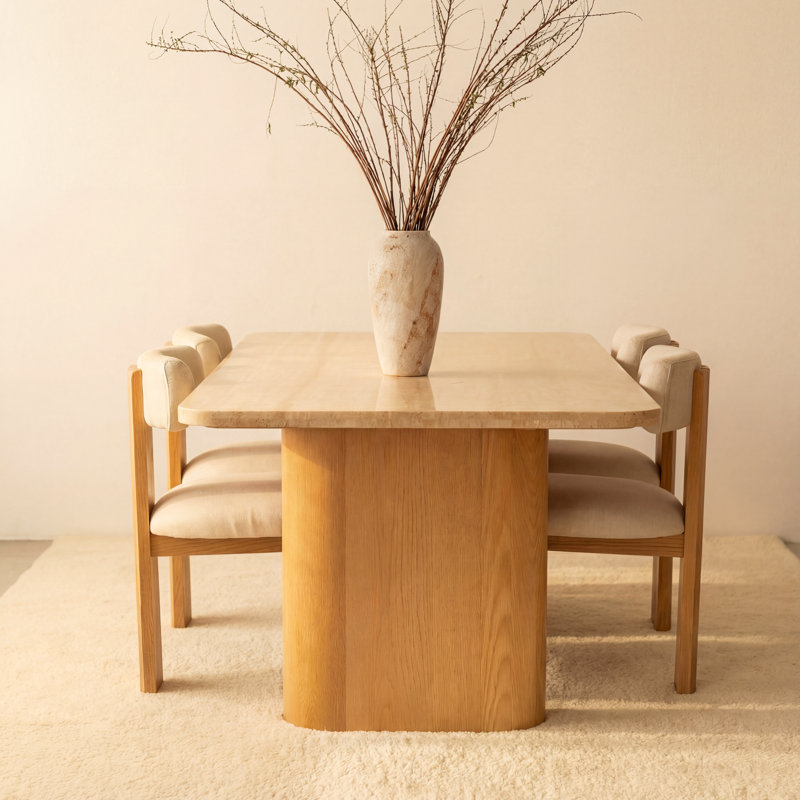 Ovelo 96" Brown Oak Dining Table with Travertine Top, Modern Rectangle Dining Table for 6-8 People, Naturel