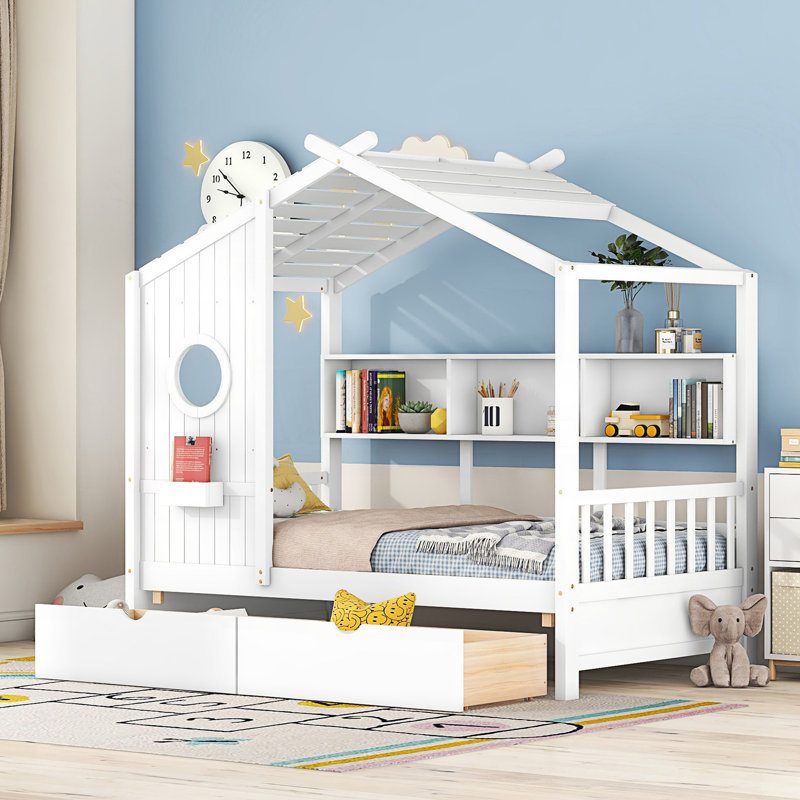 Lit simple avec 2 tiroirs et tablette de rangement, Blanc