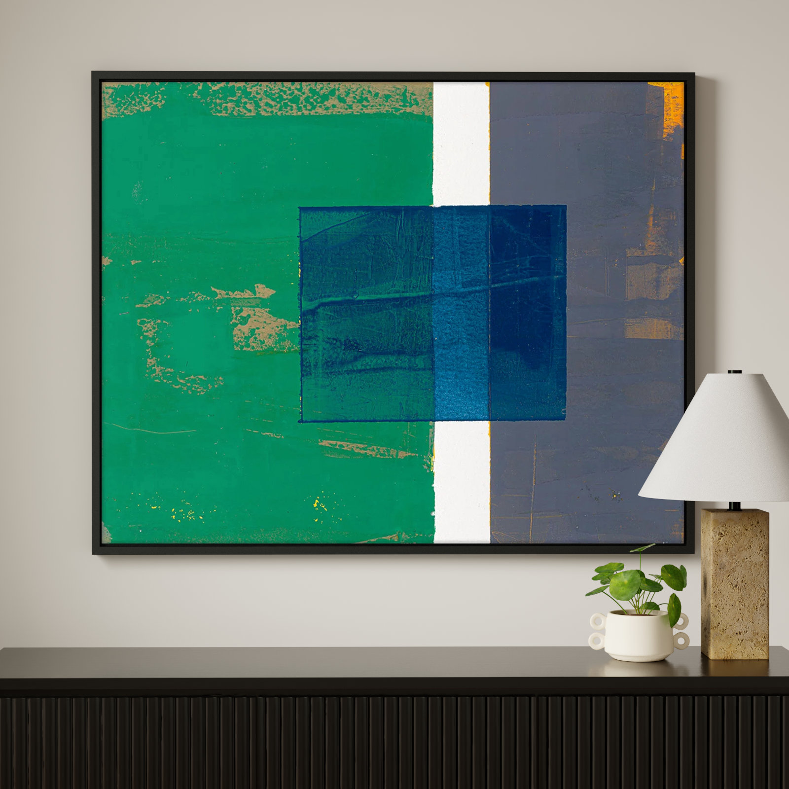Bold In Blue 1 by Andrea Stokes, 40" H x 50" W x 1.38" D, Black Framed