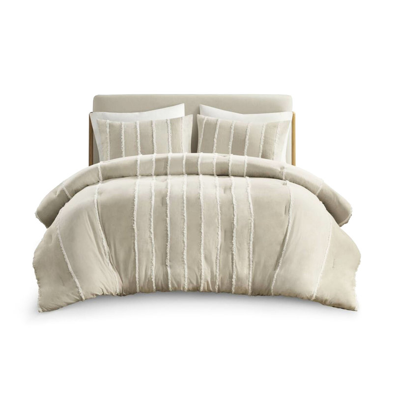 Édredon 3 pièces en coton taupe double / grand - motif rayé, rembourrage 100%, garniture, hanche visible, attrait