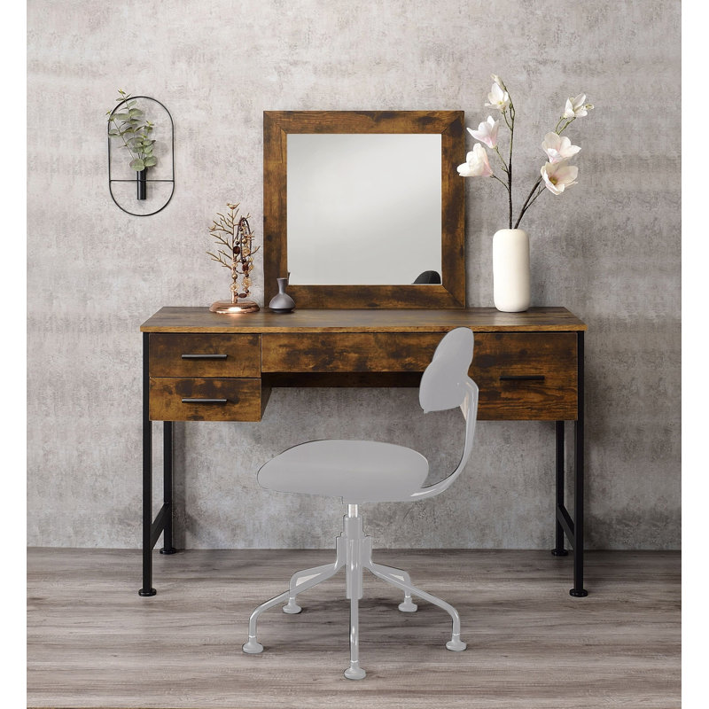 Rustic Vanity Desk with Large Mirror and Storage Drawers