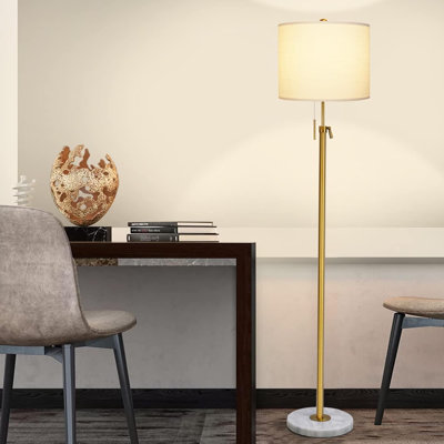 Floor Lamp For Living Room Adjustable Tall Standing Lamp, 3-Way Dimmable Floor Lamp For Bedroom Office, Black Gold Lamp With Marble Base And White Linen Shade, 6W 3000K LED Blub Included
