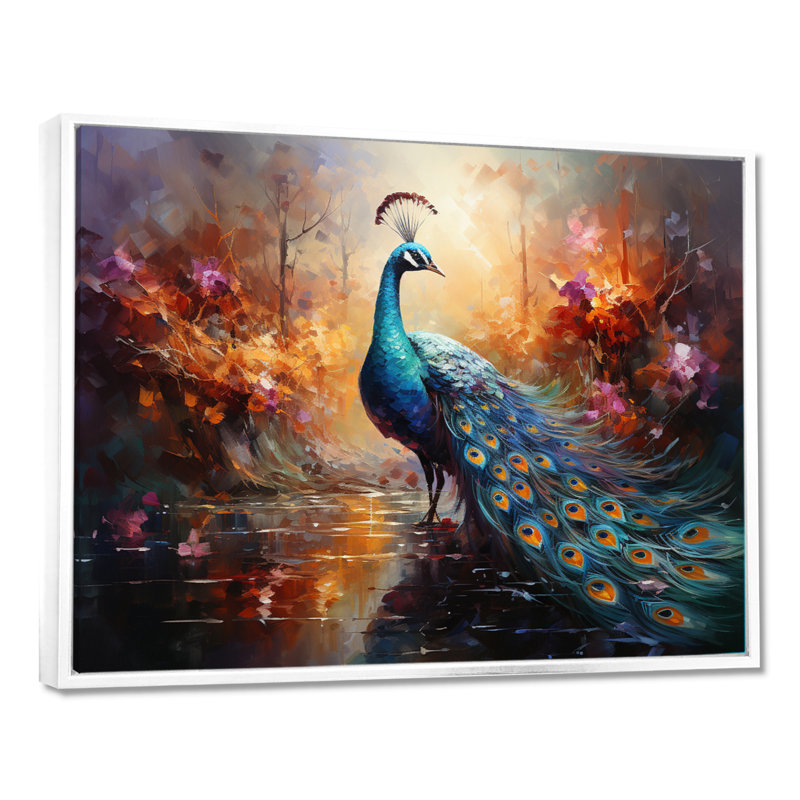 «Peacock Expressionist Portrait II», art mural sur toile paon, H 34 po x l 44 po x P 1,5 po, Cadre flottant blanc