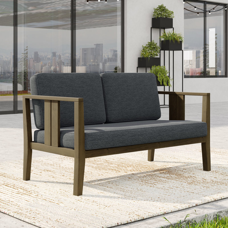 Junco Solid Wood Teak Outdoor Loveseat With Cushion And Arms, Brown, Dark Gray