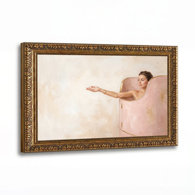 Woman Emerging From Pink Suitcase With Gold Trim Canvas Wall Art