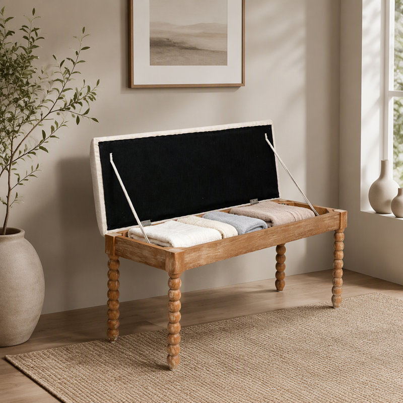 Banc de rangement en bois de style campagnard avec coussin moelleux – Pieds tournés en forme de fuseau, finition naturelle, assise recouverte de lin, style moderne du milieu du siècle pour l'entrée, le couloir, le salon et le coin lecture.
