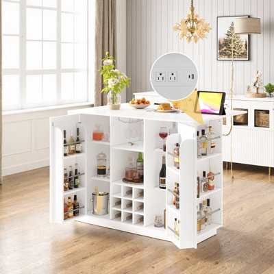 Multi-Functional Counter Height Table Buffet With Foldable Top, Power Outlet & Wine Storage For Dining Room