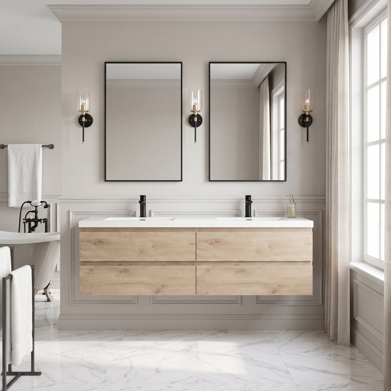 Meuble-lavabo mural étanche de 72 pouces en bois fabriqué avec lavabo intégré en résine, rangement à fermeture en douceur et préassemblé