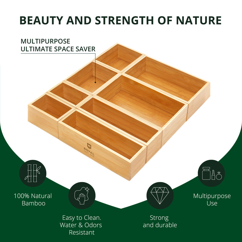 Luxury Bamboo Storage Box, Bin Set - Multi-Use Drawer Organizer (Set Of 8)