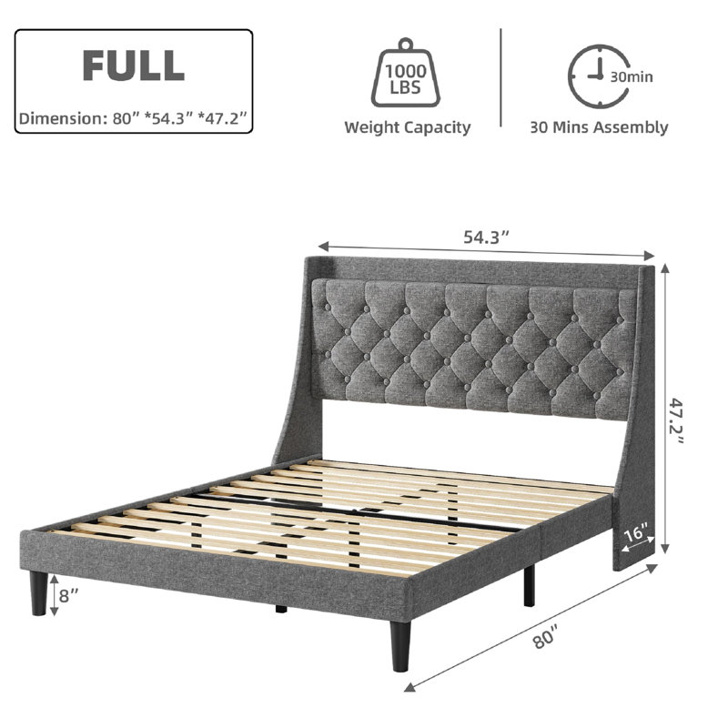 Structure de lit avec ports de charge et tablette de rangement, Double