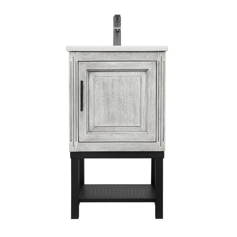 Petit meuble-lavabo de 20 po avec lavabo et robinet d'eau chaude et froide, armoire de salle de bain autoportante avec lavabo en céramique blanche, rangement pour salle de bain avec 1 porte et tablette ouverte en fer