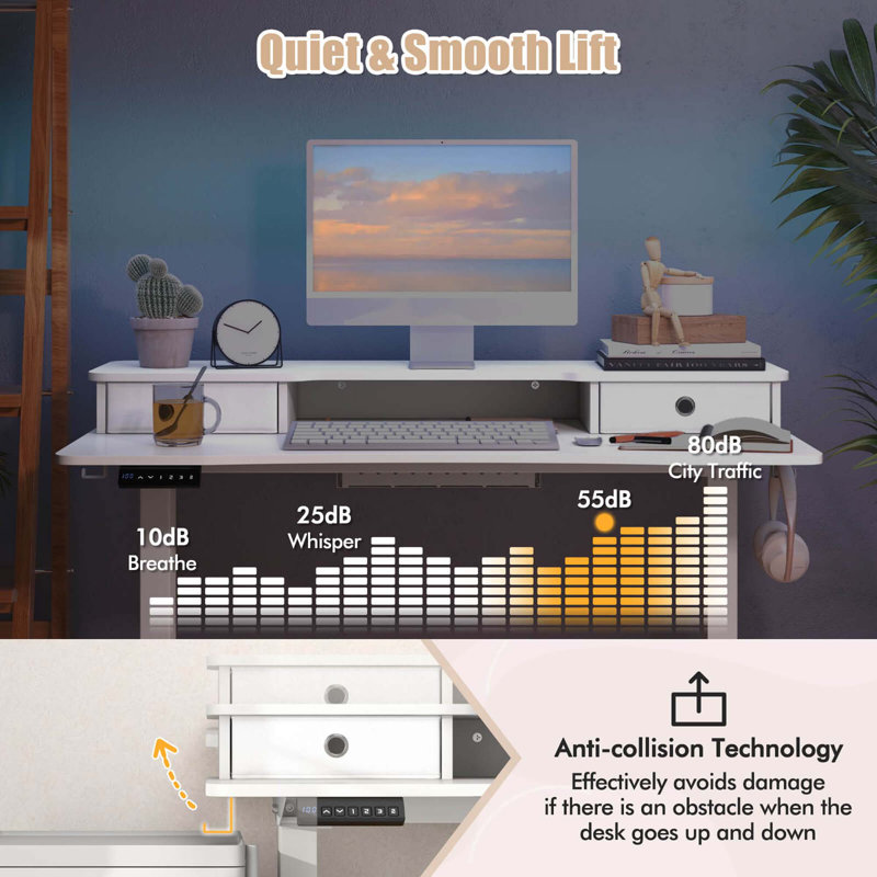 Bureau debout électrique 48 "x 24" avec support pour écran 2 tiroirs blanc