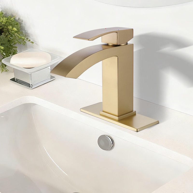 Robinet de lavabo de salle de bain moderne à un trou à poignée simple avec drain optionnel, Or brossé, Sans bonde