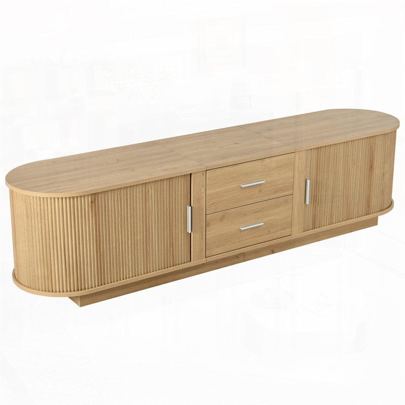 Meuble télé moderne pour téléviseur avec tiroirs, rangement coulissant caché, coins arrondis, Bois d'acacia