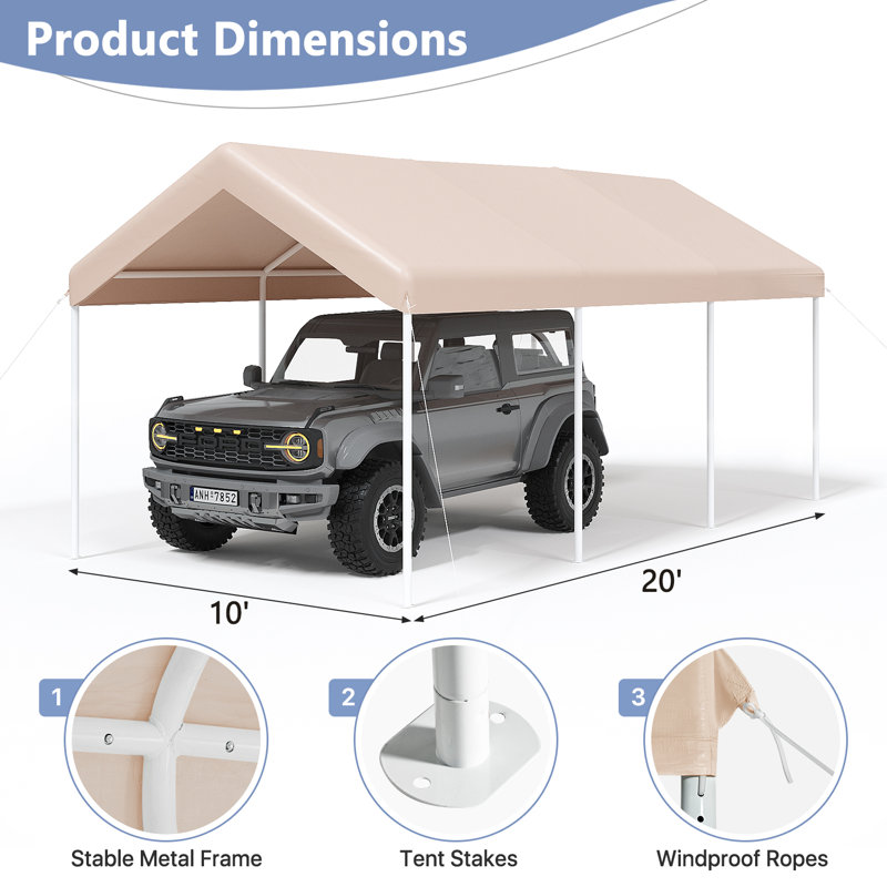 10 X 20ft Heavy Duty Portable Carport Canopy, Galvanized Frame Portable Garages and Shelters, Khaki