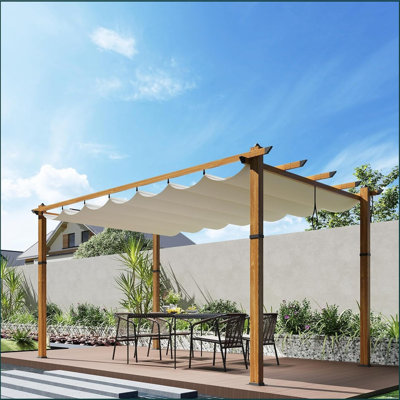 Outdoor Retractable Pergola Aluminium Pergola Canopy with Adjustable Roof, Upgraded Faux Wood Grain Modern Metal Patio Pergola for Deck, Backyard Garden, Porch, Grape Trellis
