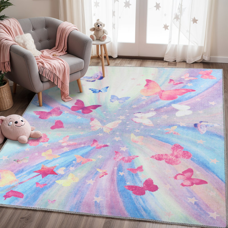 Hempel Colorful Butterfly Kids Playroom 100% Polyester Indoor Area Rug, Square 5'