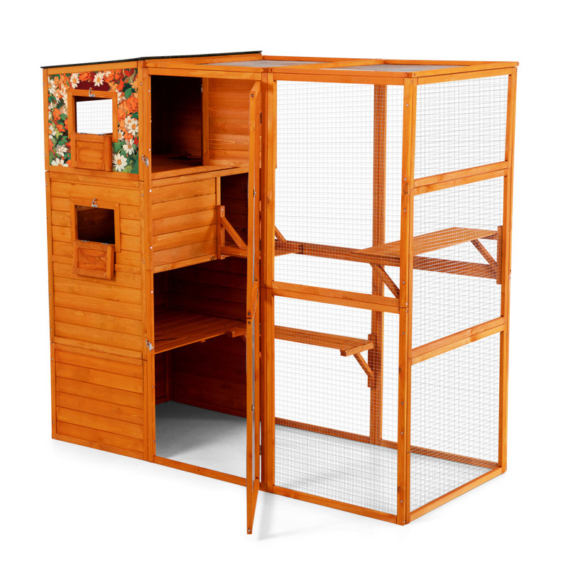 Enclos pour chat 68,89 "H, 4 espaces pour animaux avec 2 aires de repos et plateformes, toit imperméable, motifs colorés oranges pour le plaisir de plusieurs animaux de compagnie