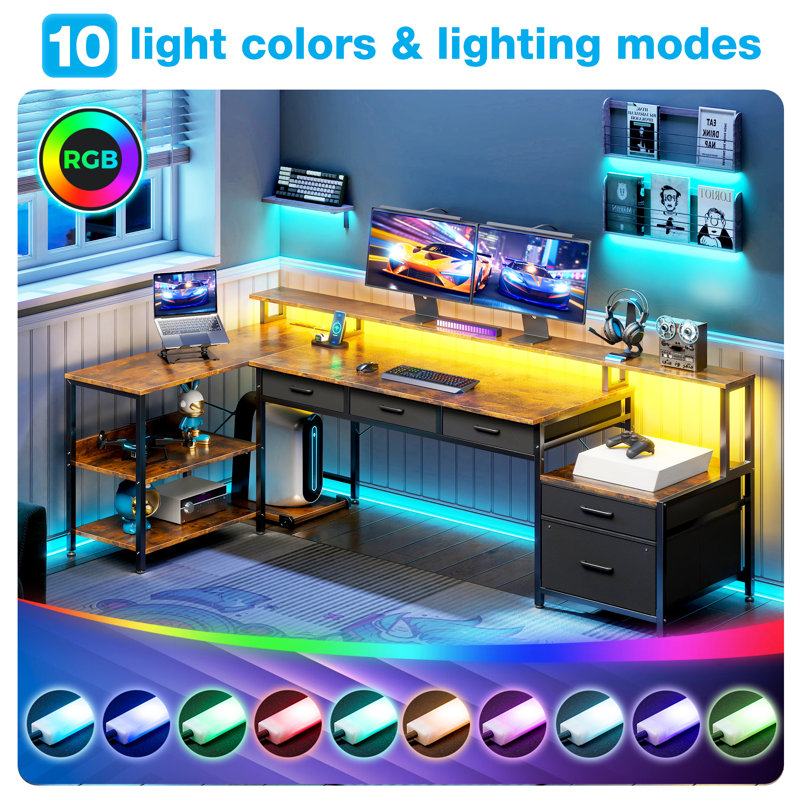 L-shaped Desk With Under-desk Drawers,computer Desk With Cabinet ,reversible Desk Power Sockets & Led Light Strips,home Office Desk With Monitor Stand
