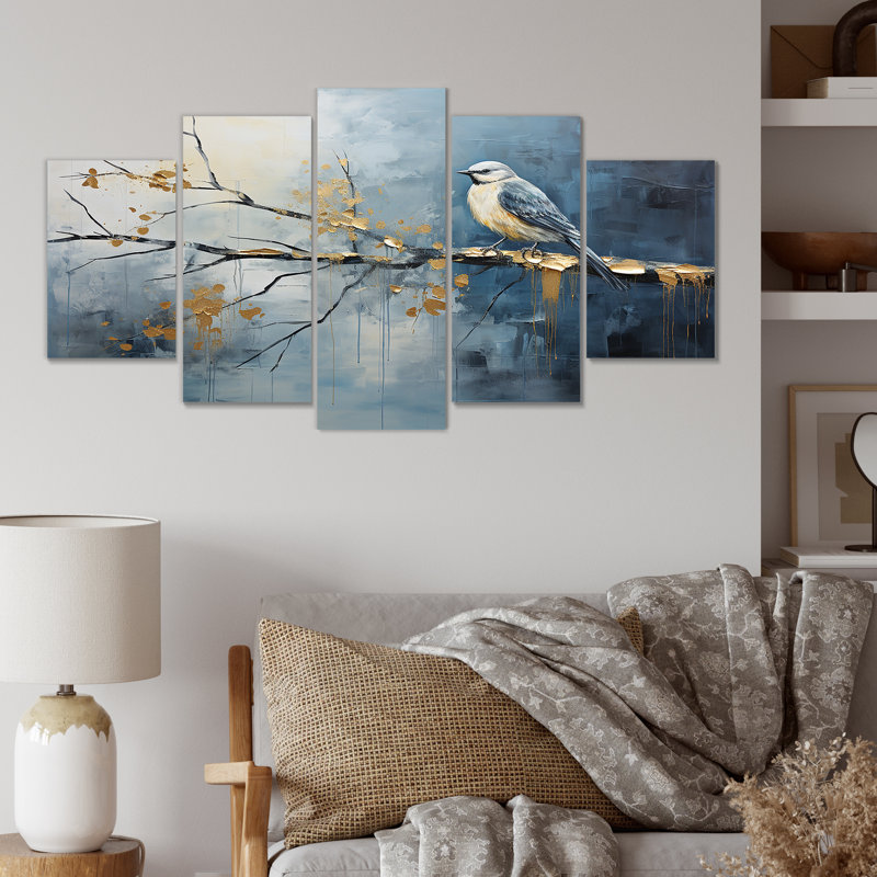  «Gold and Blue Bird Bloom Springtime II - Bird Tree Multipanel Wall Art for Living Room