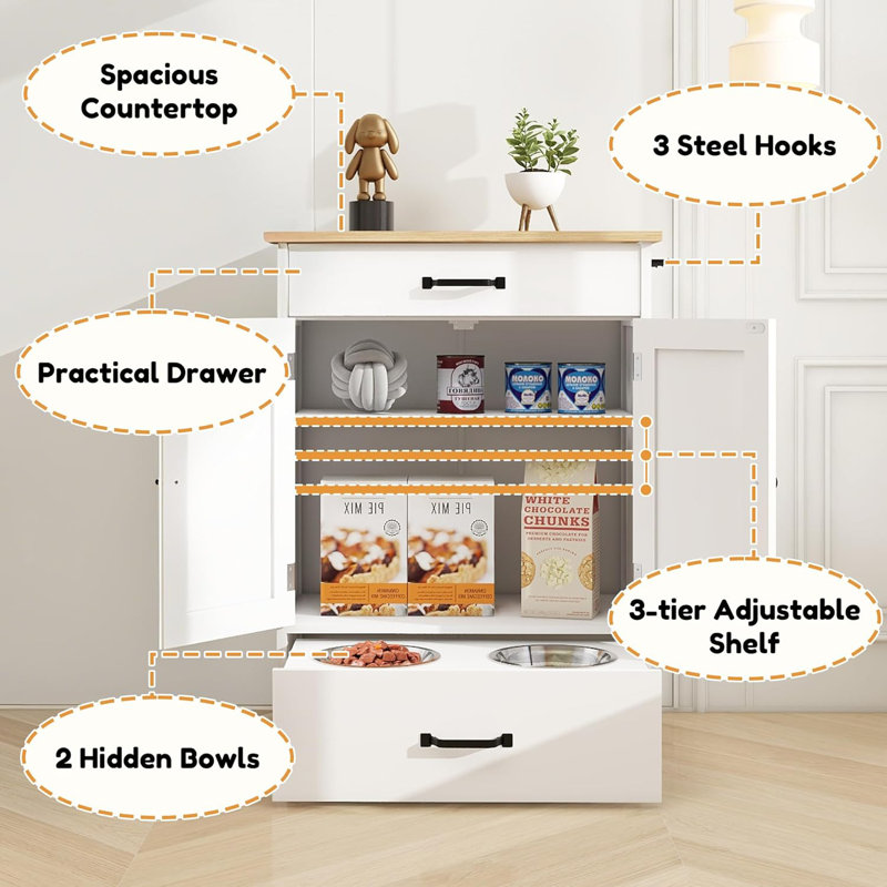 Bols surélevés pour chien avec armoire de rangement, tablette réglable et tiroir coulissant