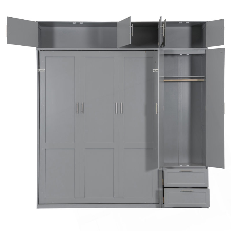 Grand lit escamotable mural avec armoire supérieure, tablettes et garde-robe, lit pliable peu encombrant, Gris