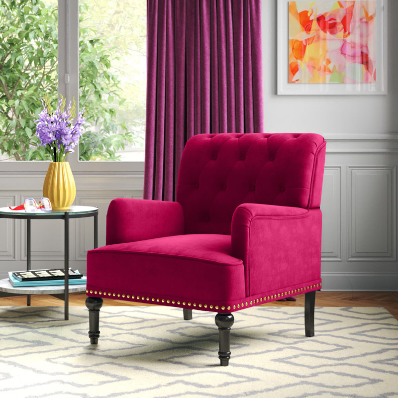 Jakub 28.5" W Velvet Tufted Polyester Armchair with Nailhead Trim, Burgundy Polyester