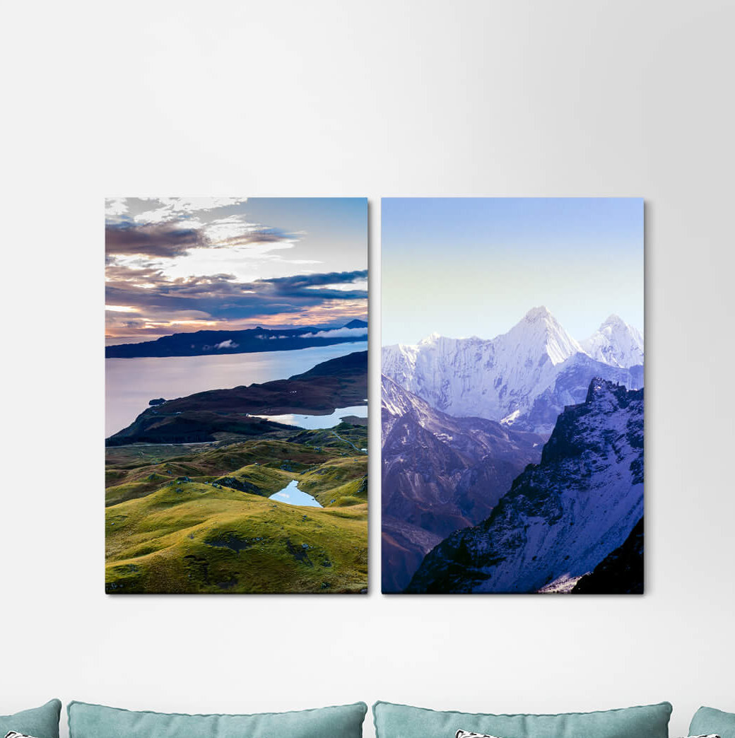 2-tlg. Leinwandbilder-Set Berge Norwegen Skandinavien Himalaya Berge Schnee Gipfel Blau