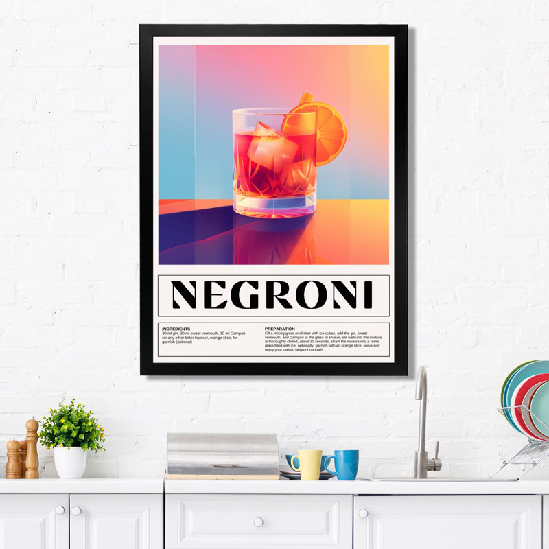 Décoration murale verre à l'ancienne «Negroni On The Rocks», Toile encadrée noire simple, H 32 po x l 24 po x P 1 po