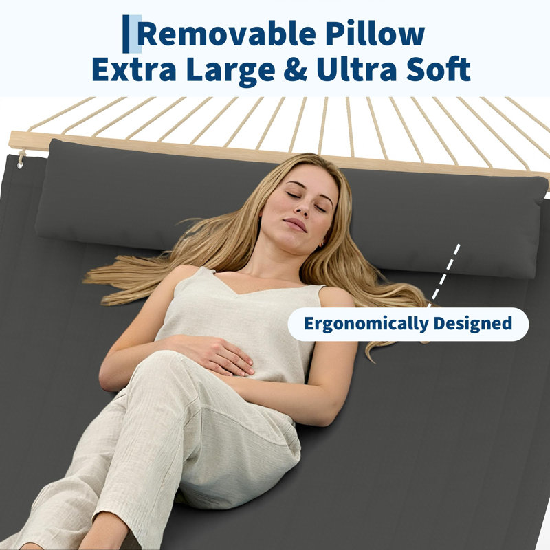 Double Quilted Fabric Hammock with Spreader Bar & Detachable Pillow – 350 cm Two-Person Outdoor Swing Bed, 450 lbs Capacity for Patio, Backyard, Poolside Relaxation