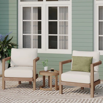 Patio set 3 piece acacia wood outdoor furniture conversation seat with table for porch, garden, backyard, balcony, brown wash, beige cushion