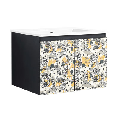 Meuble-lavabo de salle de bain avec lavabo en céramique. Design moderne, porte à fermeture en douceur. Armoire noire en contreplaqué à utiliser, style.