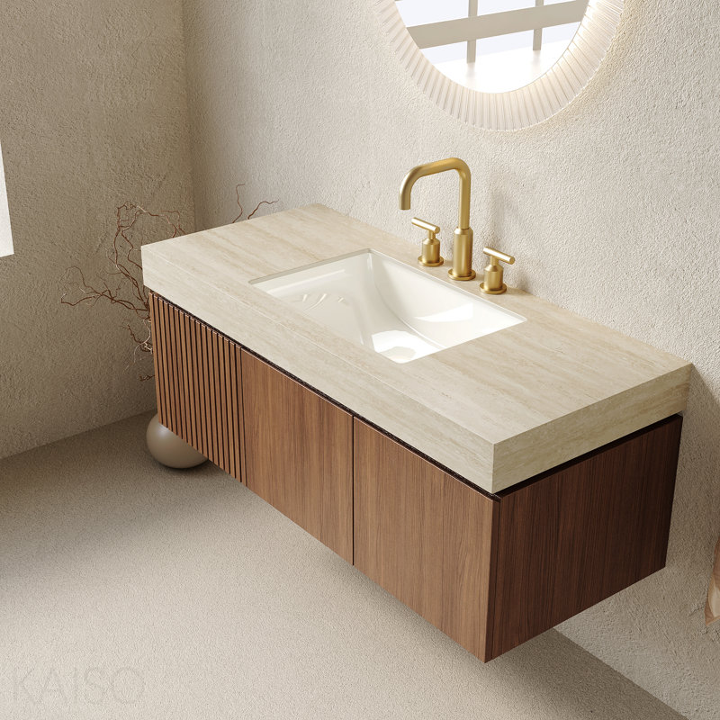 48" Bathroom Vanity&Sink, Floating Plywood Storage Cabinet With Drawer&Doors, Roma Travertine Sintered Stone Top&Ceramic Basin With 3 Pre-Drilled Faucet Holes, Pre-Assembled, Brown Oak