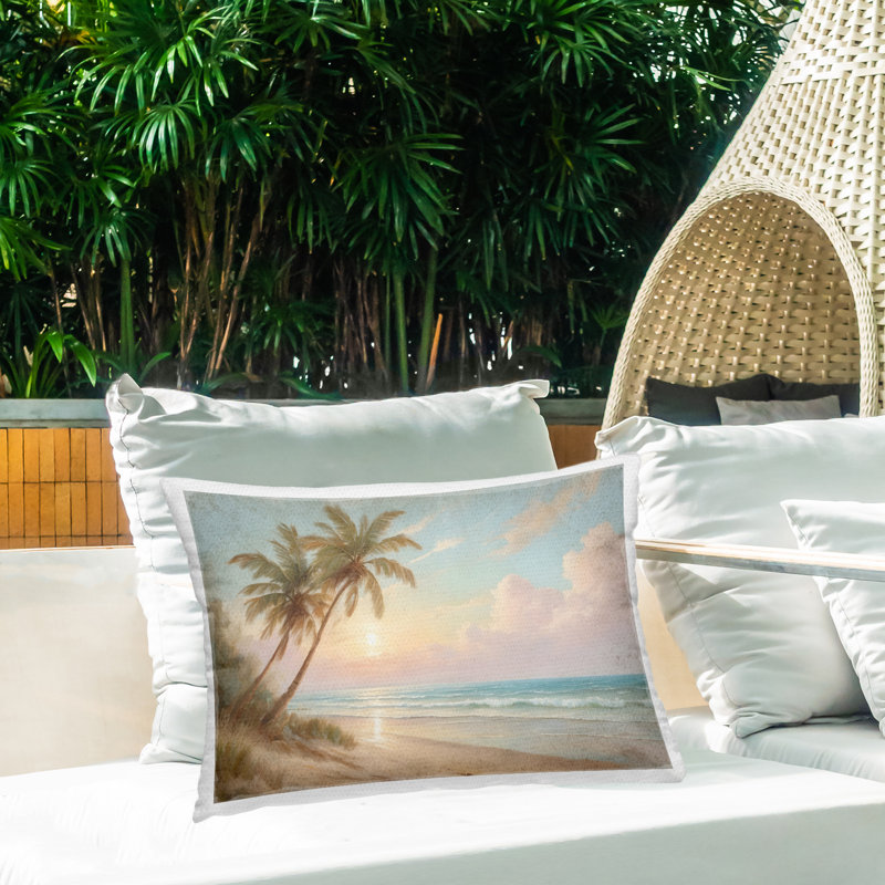 Coussin d'extérieur Sunset View Beach Palms, Bleu / plage beige