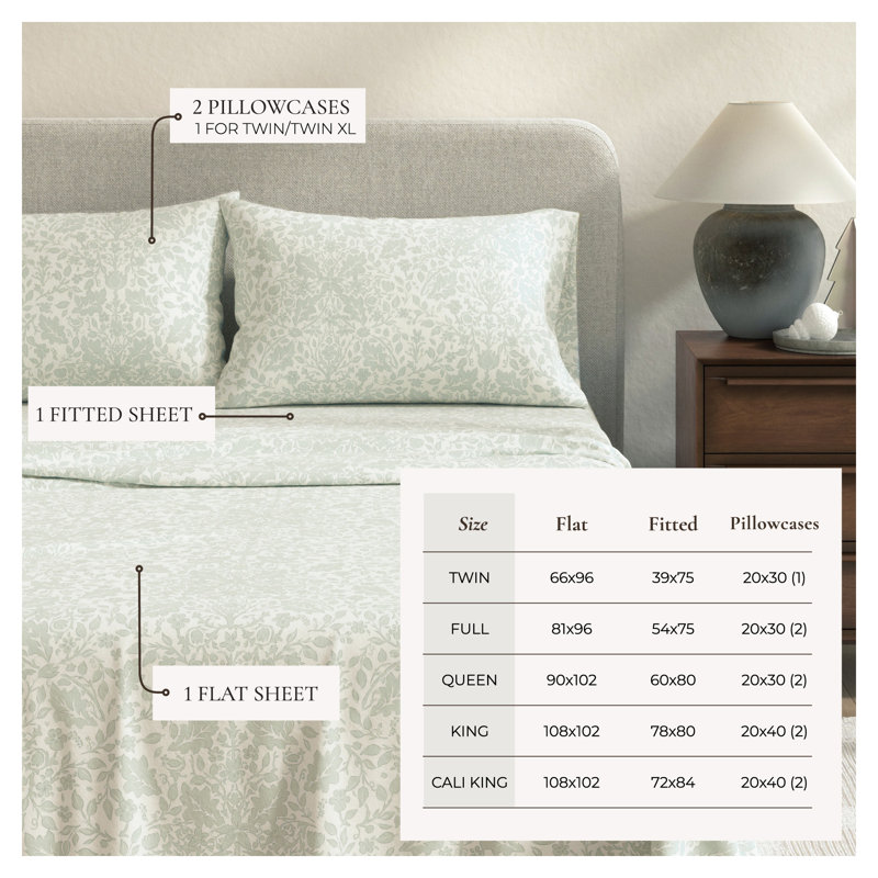 Ensemble de draps 100% flanelle de coton, Ensemble de draps pour très grand lit avec 2 taie, Château à motif floral