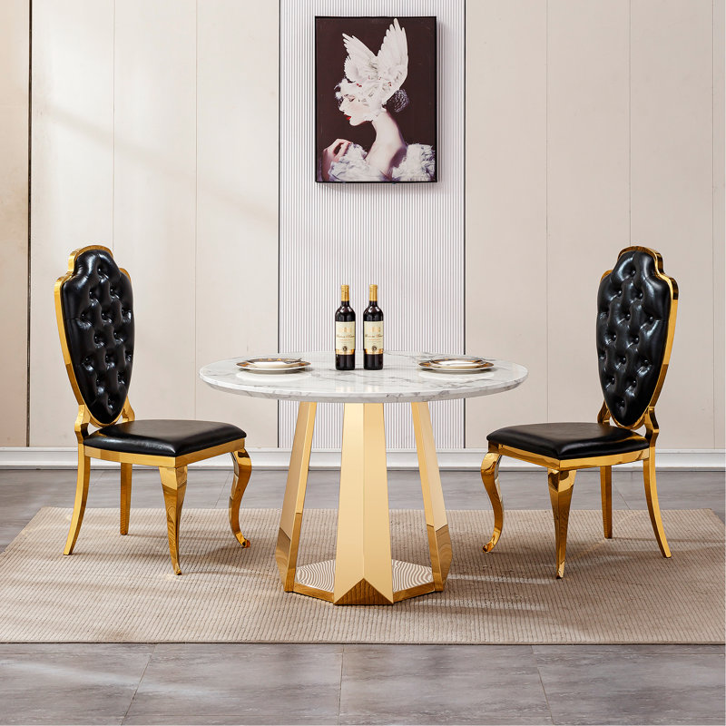 Table de salle à manger sophistiquée en marbre à texture moderne avec base en acier inoxydable pour une utilisation polyvalente dans la salle à manger