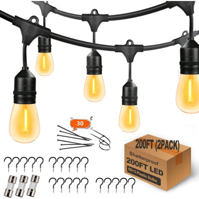 Guirlande de 200 lumières extérieures commerciales de 200 pi avec 63 ampoules Edison 2200 K S14, lumières de patio reliées résistantes aux intempéries pour le jardin, la terrasse, la cour, paquet de 2 avec crochets et attaches à fermeture à glissière