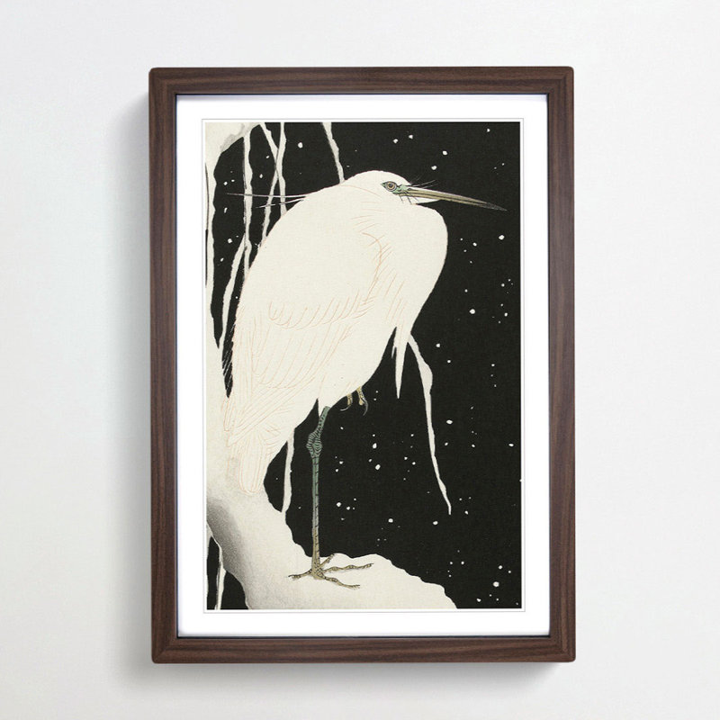 Heron in the Snow by Ohara Koson - Picture Frame Painting Print, 36cm H x 27cm W x 2cm D, Walnut Framed